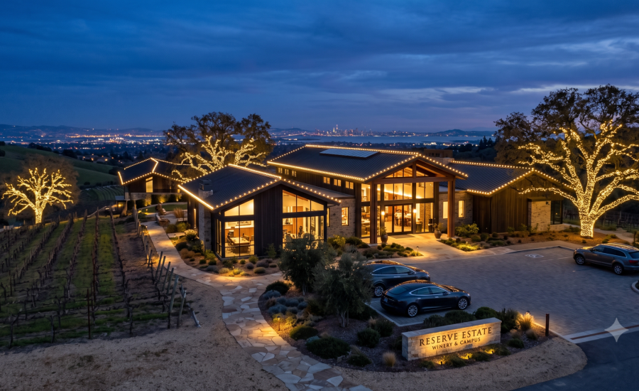 Professional commercial holiday lighting installation on an East Bay California business featuring warm white C9 LED roofline lights and wrapped trees at twilight.