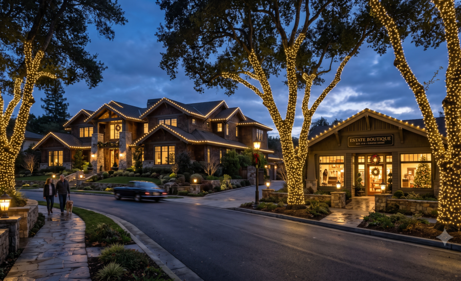 Professional architectural holiday lighting design featuring custom warm white C9 roofline LEDs and trunk wraps on an East Bay, CA property.