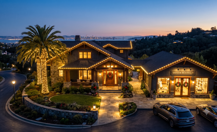 Professional residential and commercial custom holiday light installation in East Bay California, featuring custom-fit C9 LED roofline lighting and landscape tree wraps.
