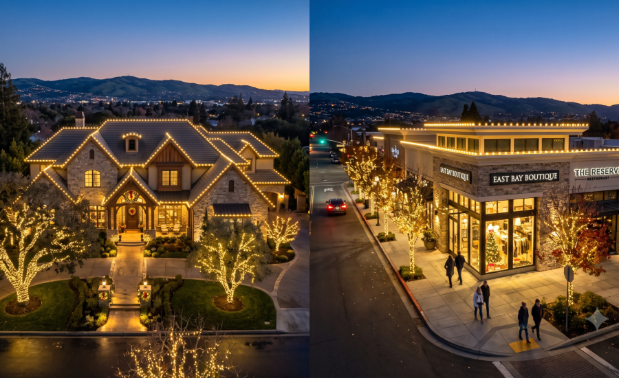 Professional custom C9 LED holiday light installation on a residential home and commercial building in the East Bay, California, demonstrating safe, damage-free roofline lighting techniques.