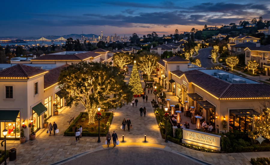 Professional commercial and residential holiday light installation in East Bay California featuring custom warm white roofline LEDs and tree wraps.