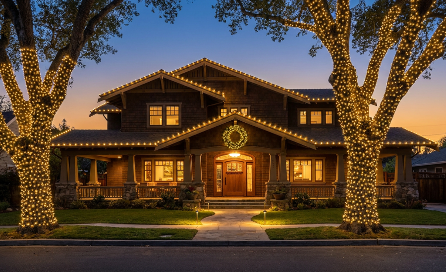 East Bay Holiday Lights residential installation — Craftsman home with warm white C9 roofline lights, wreaths on every window, and illuminated Japanese maples flanking the front path at twilight.