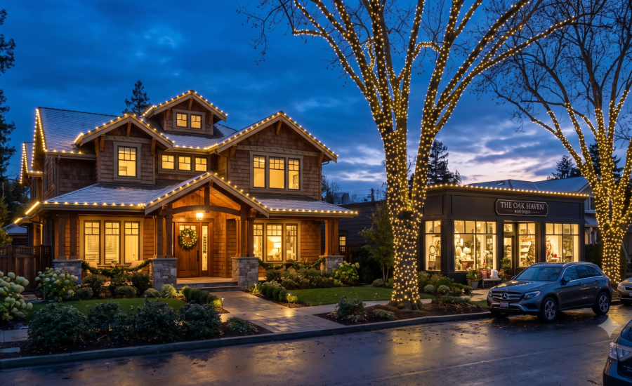 Professional residential and commercial holiday light installation in East Bay, CA featuring custom C9 LED roofline lighting at twilight.
