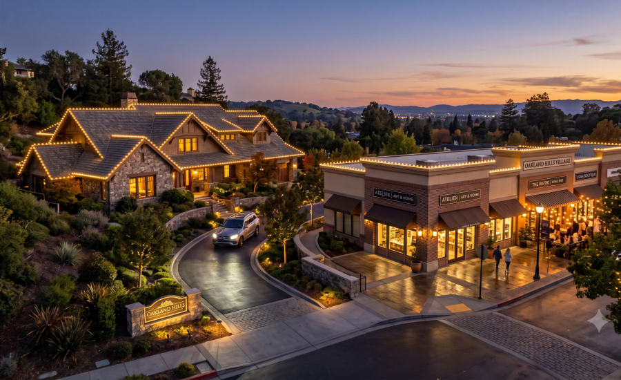 Professional custom C9 LED holiday light installation on a luxury residential home and commercial storefront in the East Bay, California, demonstrating safe roofline clipping techniques.