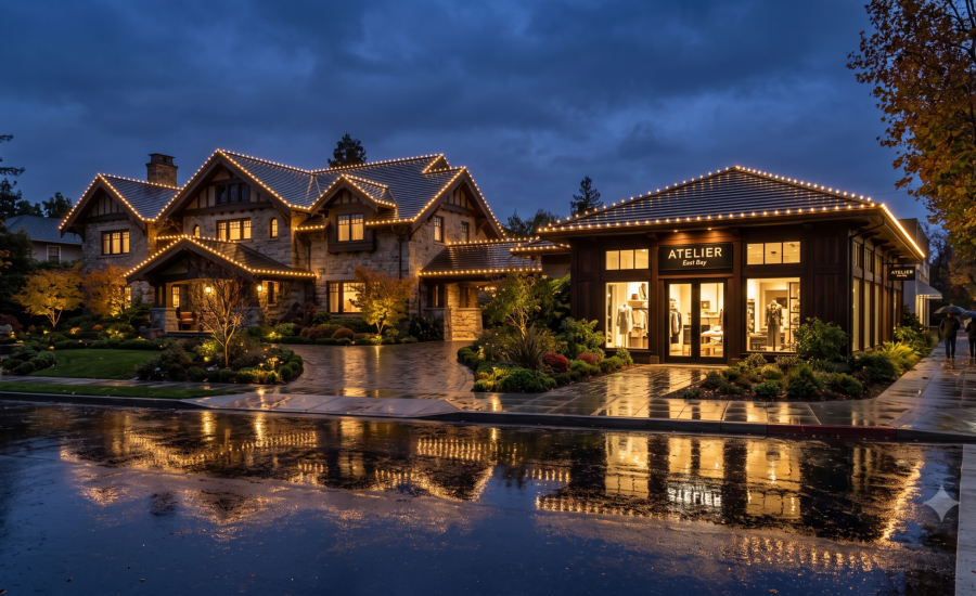 Professional rainproof commercial and residential holiday light installation in East Bay, California featuring custom C9 LEDs enduring winter rain.